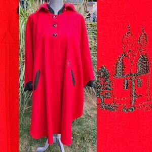 VTG 1970s Salzburg Austria Red Wool Cape Cloak Hooded Embroidered 38